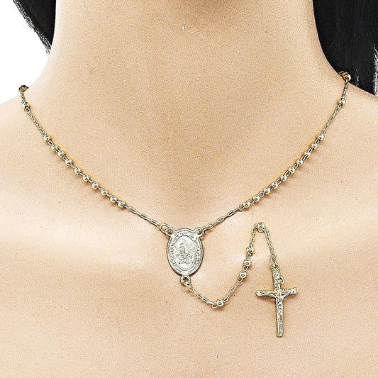 Oro Laminado Thin Rosary, Gold Filled Style Guadalupe and Cross Design, Polished, Golden Finish