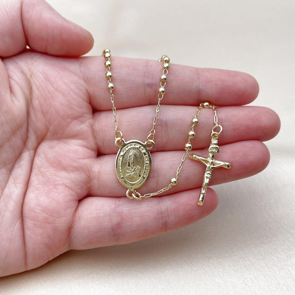 Oro Laminado Thin Rosary, Gold Filled Style Guadalupe and Cross Design, Polished, Golden Finish