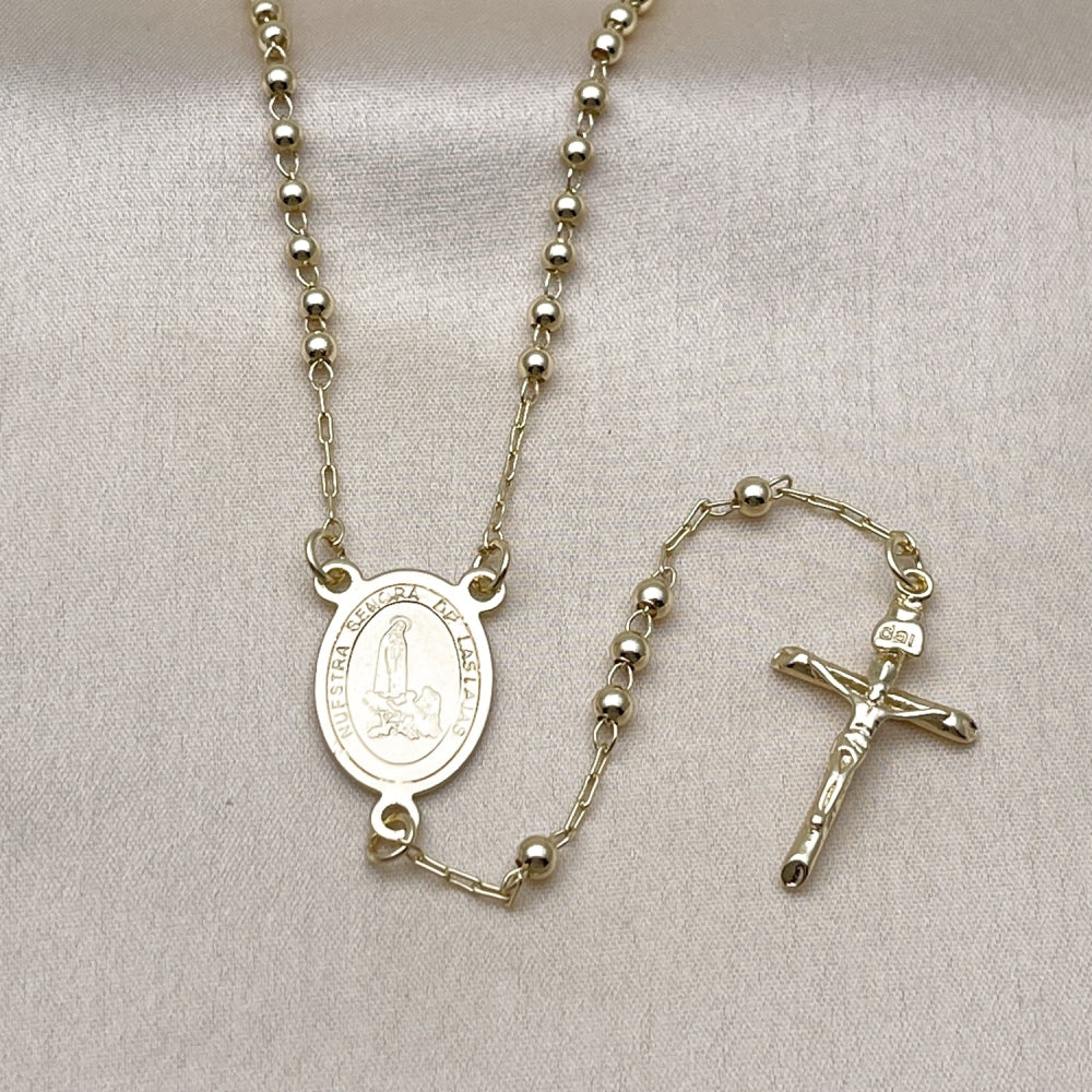 Oro Laminado Thin Rosary, Gold Filled Style Guadalupe and Cross Design, Polished, Golden Finish