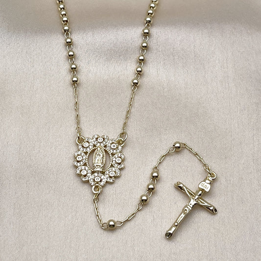 Oro Laminado Thin Rosary, Gold Filled Style Guadalupe and Crucifix Design, with White Micro Pave, Polished, Golden Finish