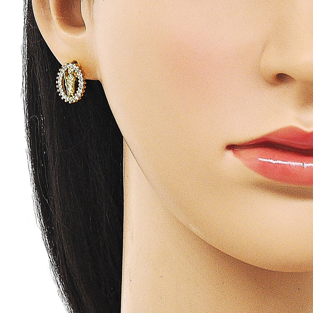 Oro Laminado Stud Earring, Gold Filled Style San Judas Design, with White Cubic Zirconia, Polished, Golden Finish