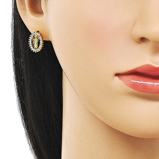 Oro Laminado Stud Earring, Gold Filled Style San Judas Design, with White Cubic Zirconia, Polished, Golden Finish
