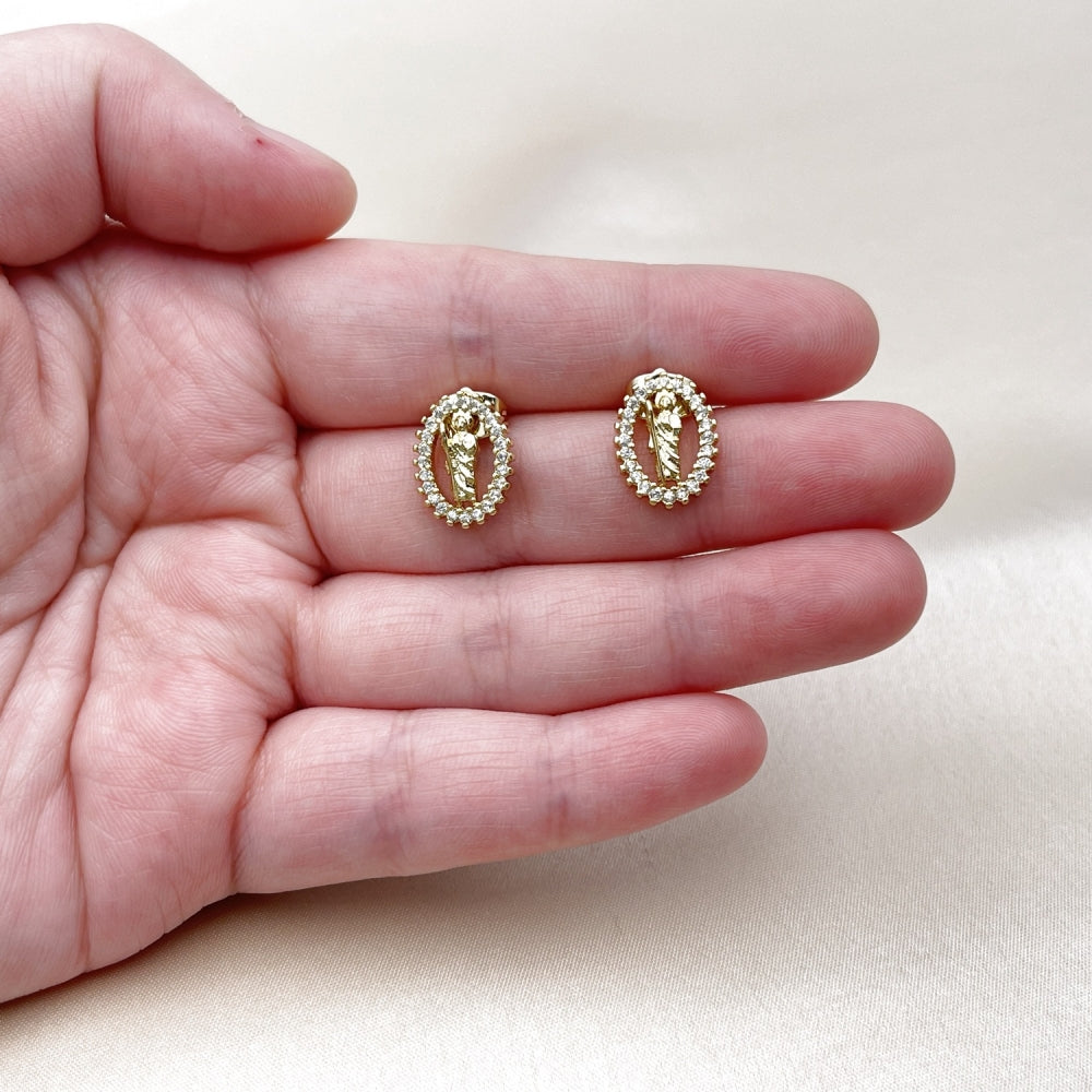 Oro Laminado Stud Earring, Gold Filled Style San Judas Design, with White Cubic Zirconia, Polished, Golden Finish