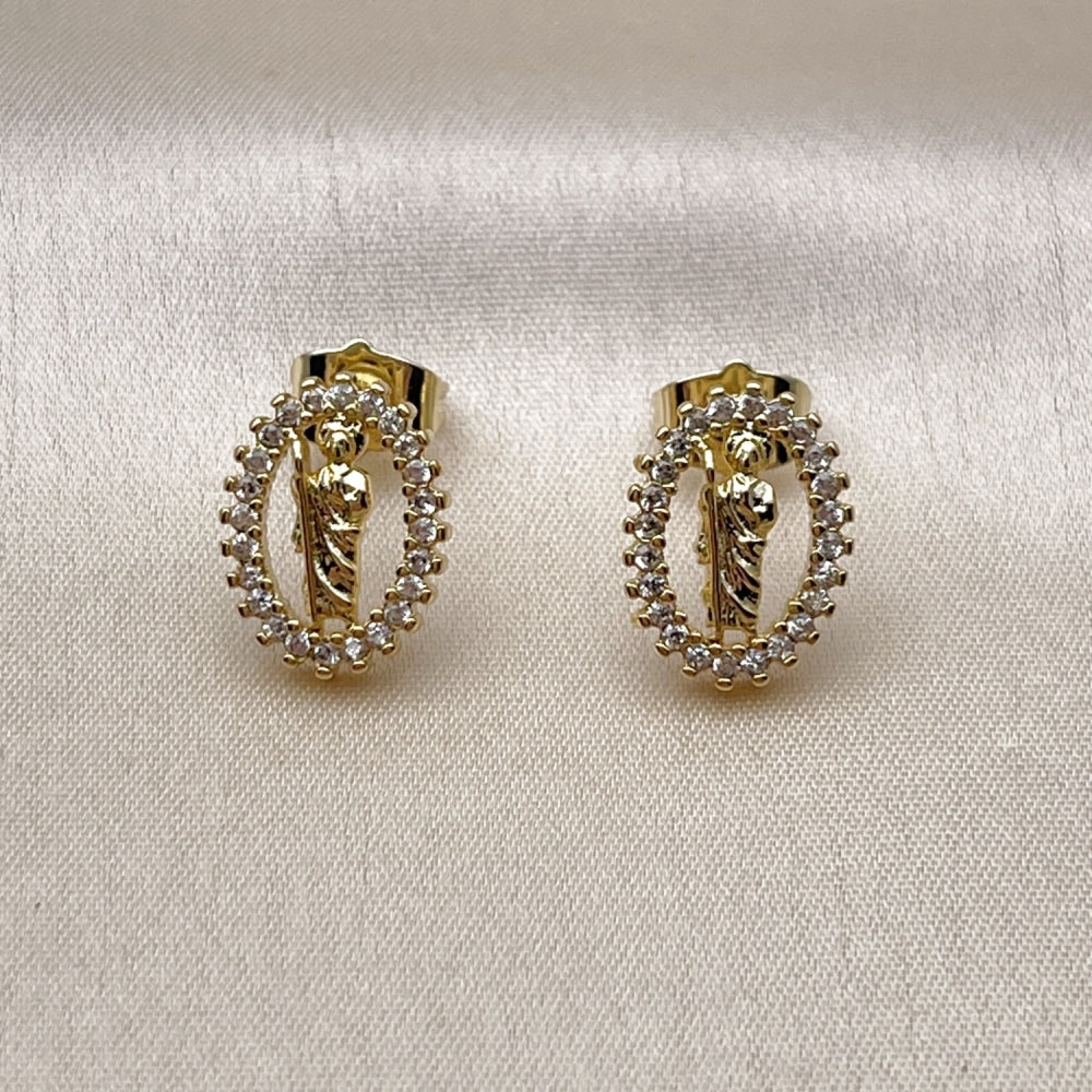 Oro Laminado Stud Earring, Gold Filled Style San Judas Design, with White Cubic Zirconia, Polished, Golden Finish