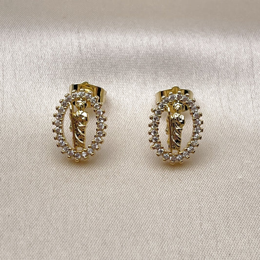 Oro Laminado Stud Earring, Gold Filled Style San Judas Design, with White Cubic Zirconia, Polished, Golden Finish