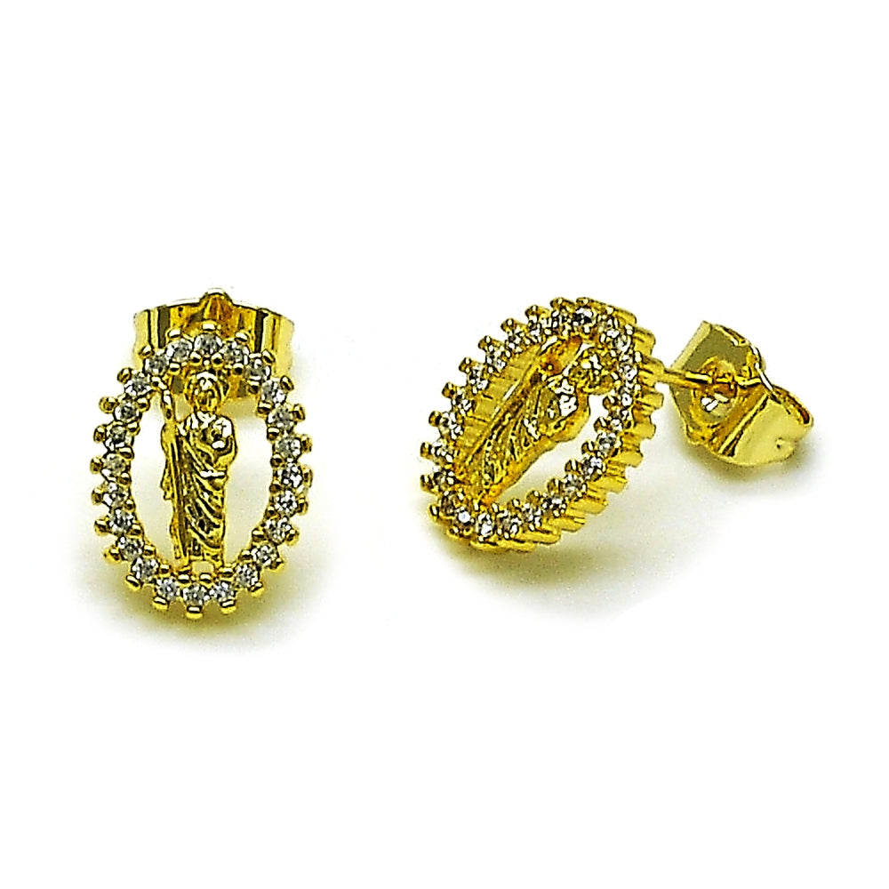 Oro Laminado Stud Earring, Gold Filled Style San Judas Design, with White Cubic Zirconia, Polished, Golden Finish