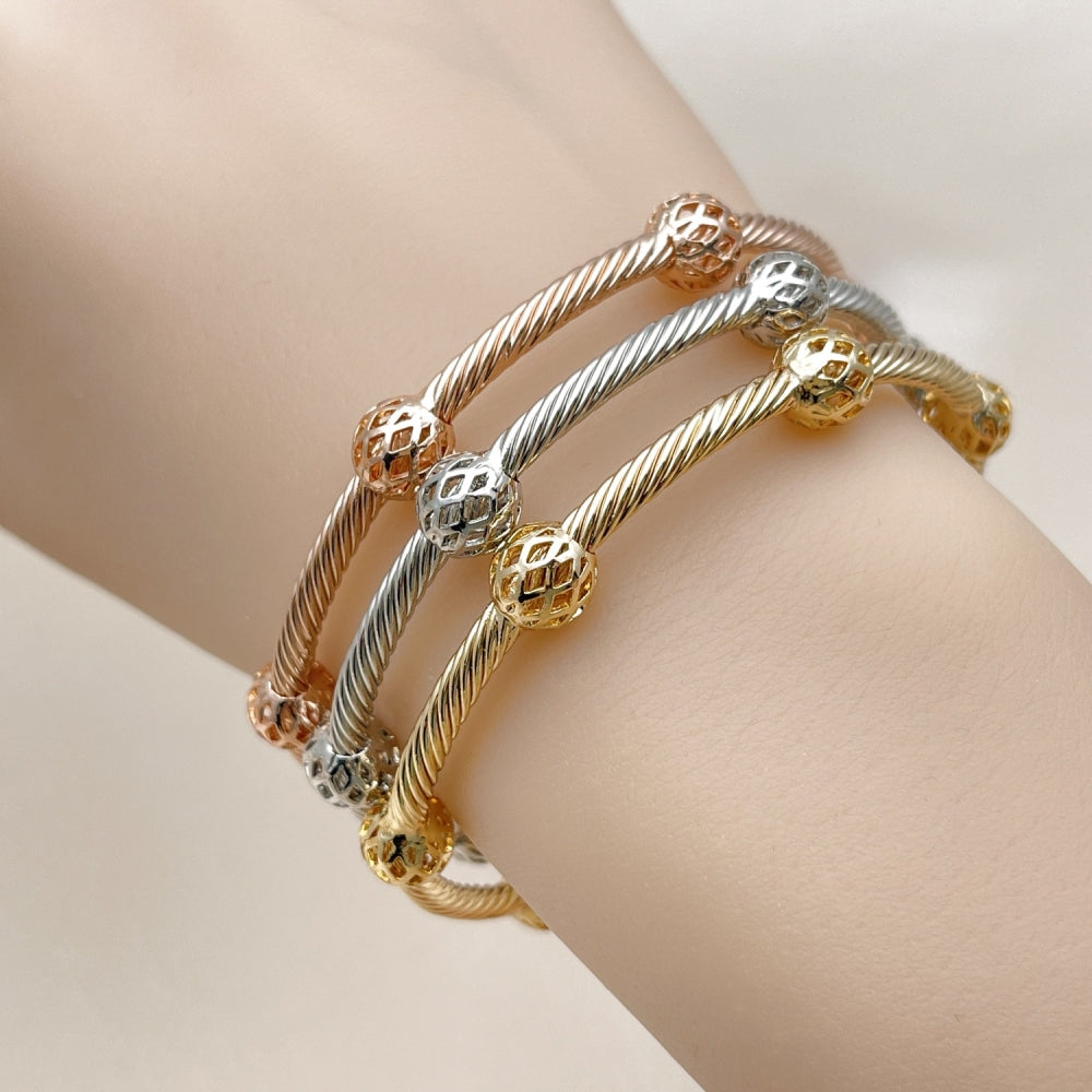 Oro Laminado Trio Bangle, Gold Filled Style Twist and Ball Design, Polished, Tricolor