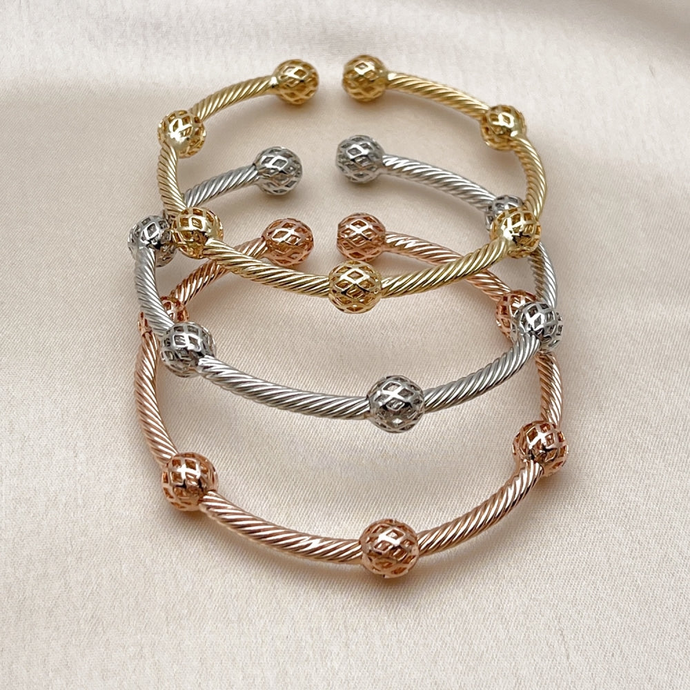 Oro Laminado Trio Bangle, Gold Filled Style Twist and Ball Design, Polished, Tricolor