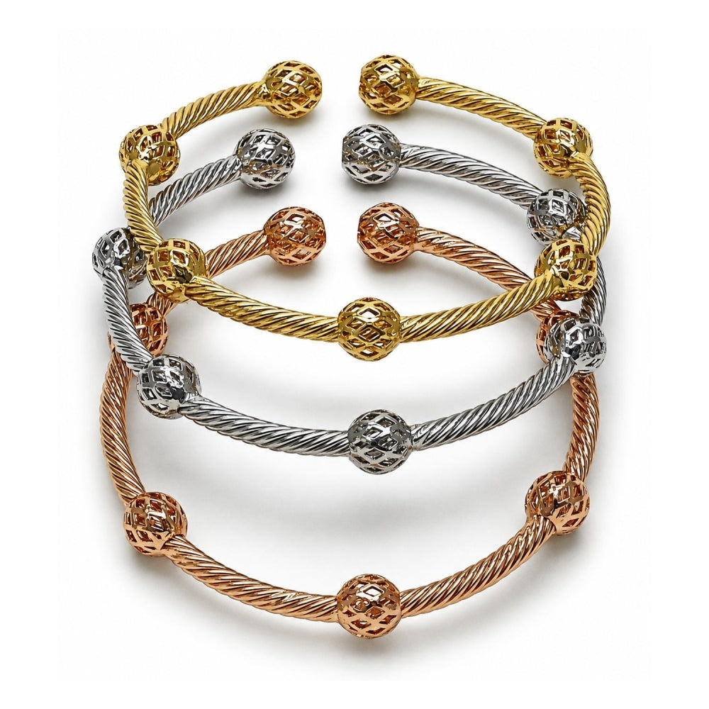 Oro Laminado Trio Bangle, Gold Filled Style Twist and Ball Design, Polished, Tricolor