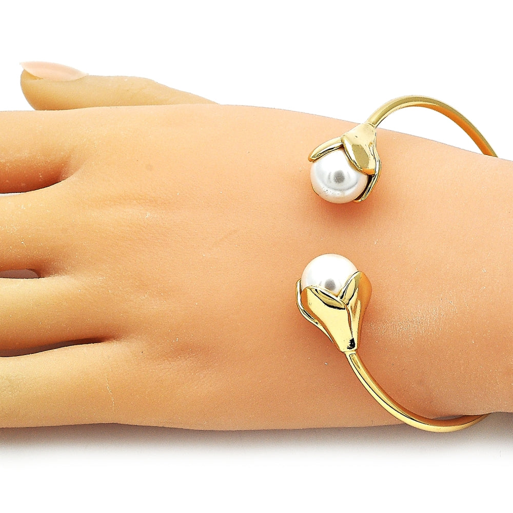 Oro Laminado Individual Bangle, Gold Filled Style Flower and Ball Design, with Ivory Pearl, Polished, Golden Finish