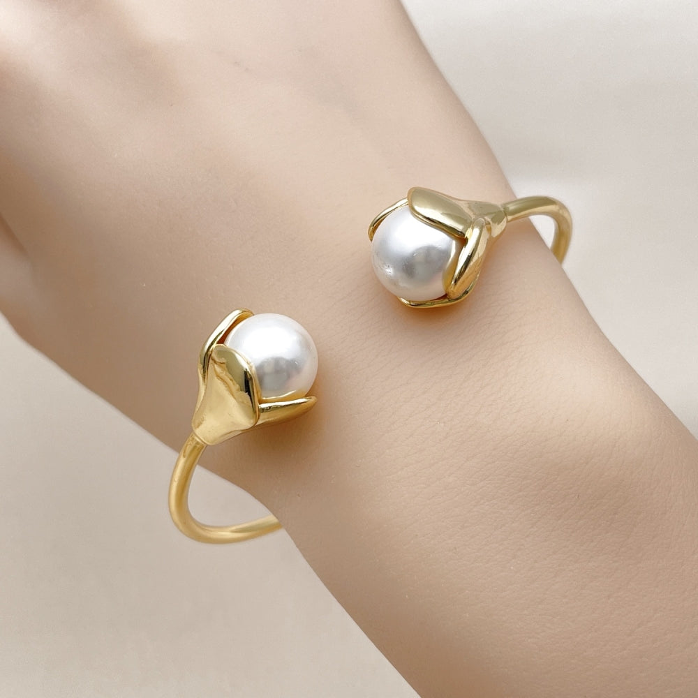 Oro Laminado Individual Bangle, Gold Filled Style Flower and Ball Design, with Ivory Pearl, Polished, Golden Finish