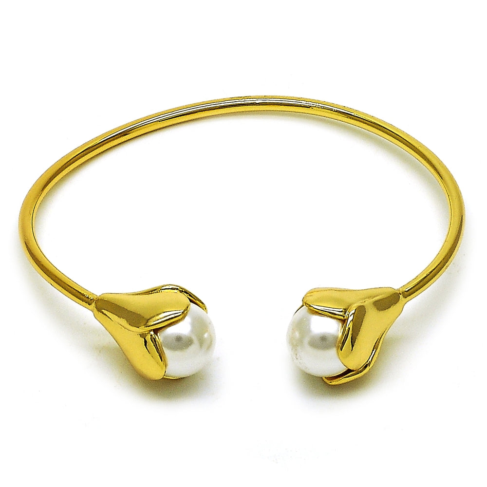 Oro Laminado Individual Bangle, Gold Filled Style Flower and Ball Design, with Ivory Pearl, Polished, Golden Finish