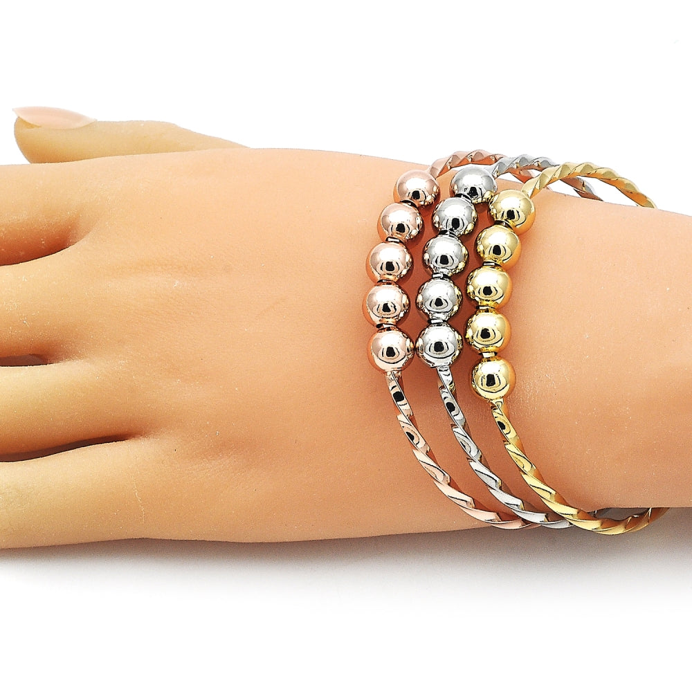 Oro Laminado Trio Bangle, Gold Filled Style Ball and Twist Design, Polished, Tricolor