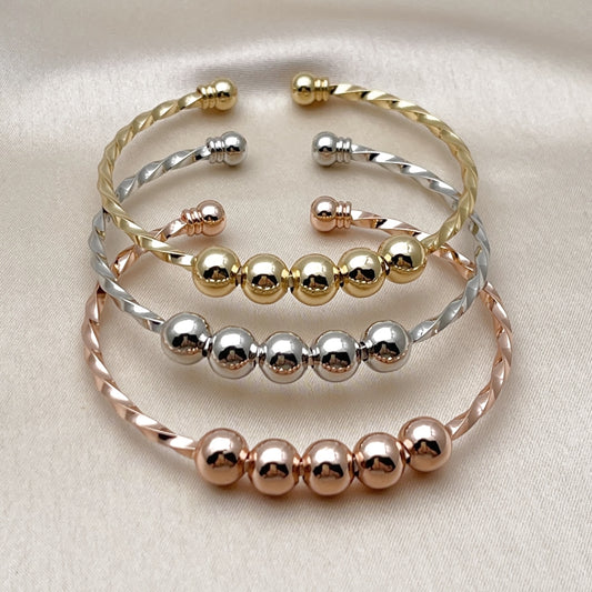 Oro Laminado Trio Bangle, Gold Filled Style Ball and Twist Design, Polished, Tricolor