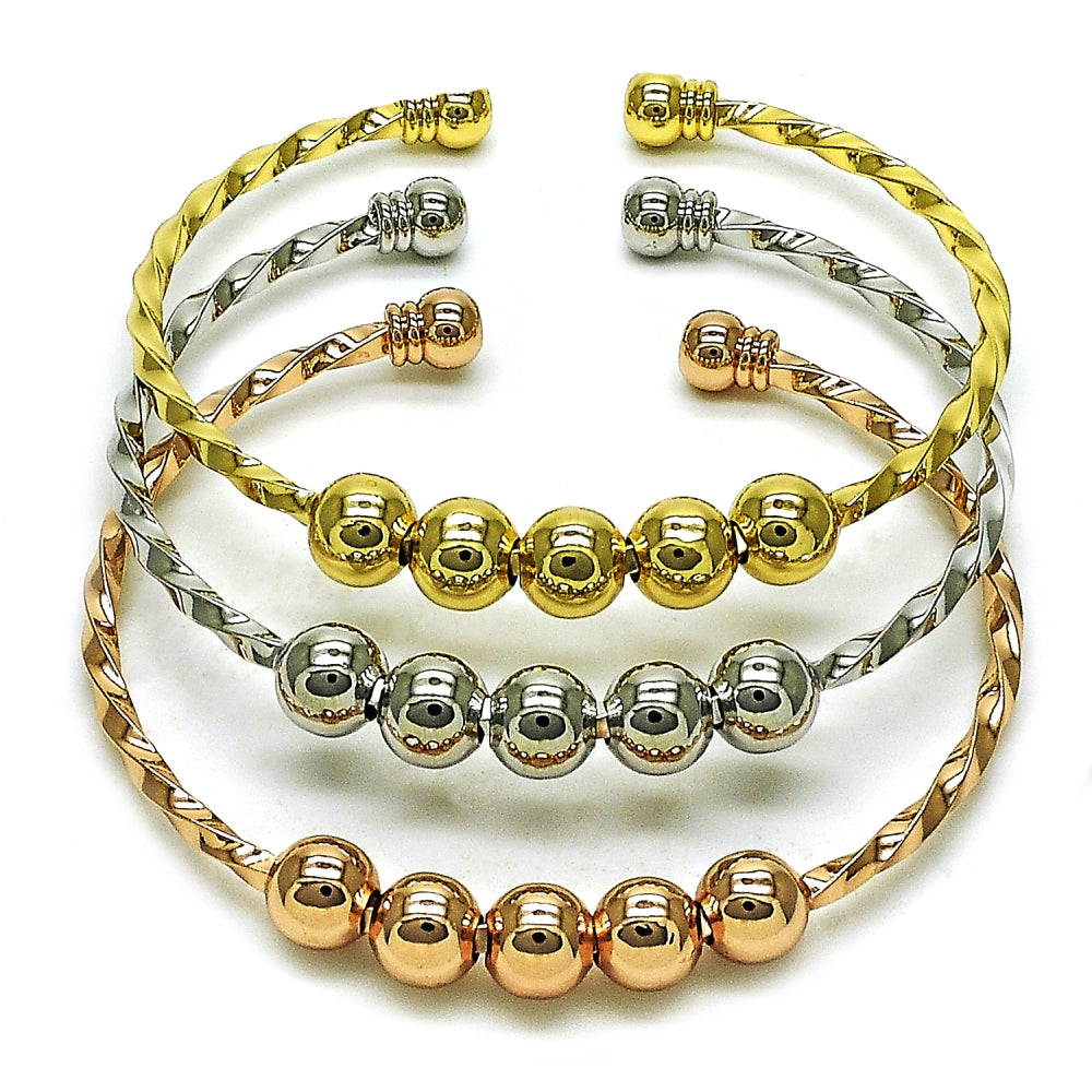 Oro Laminado Trio Bangle, Gold Filled Style Ball and Twist Design, Polished, Tricolor