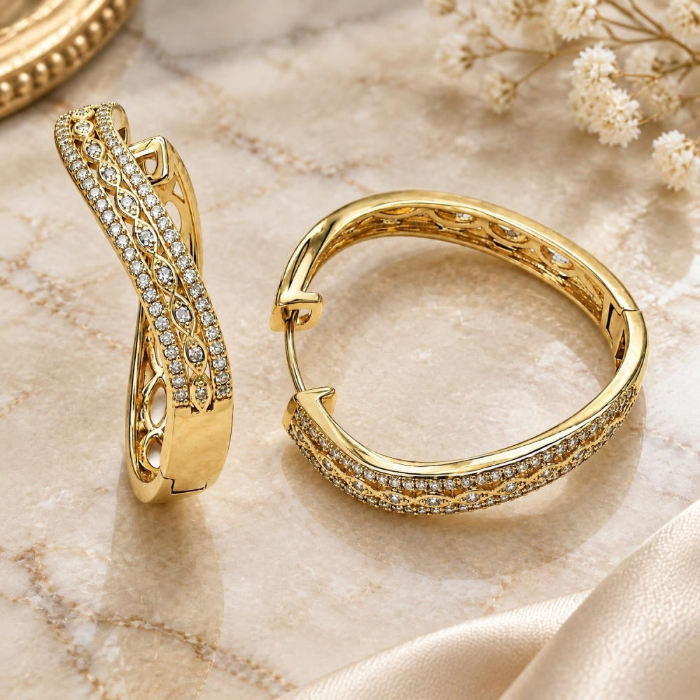 Oro Laminado Huggie Hoop, Gold Filled Style Evil Eye Design, with White Micro Pave, Polished, Golden Finish