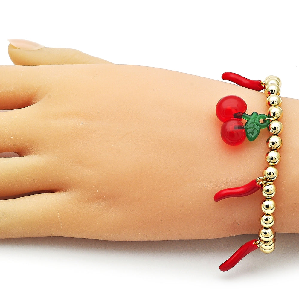 Oro Laminado Fancy Bracelet, Gold Filled Style Cherry and Chili Design, with Garnet Crystal, Red Enamel Finish, Golden Finish