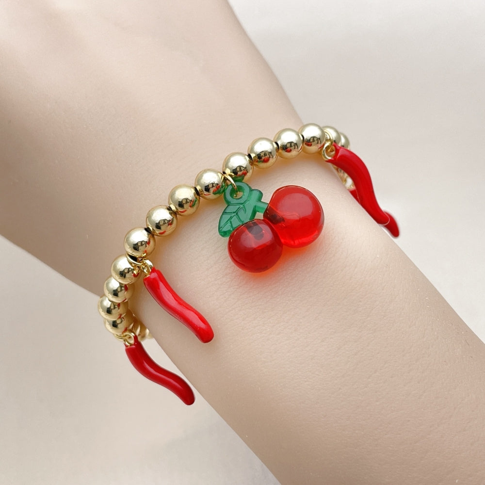 Oro Laminado Fancy Bracelet, Gold Filled Style Cherry and Chili Design, with Garnet Crystal, Red Enamel Finish, Golden Finish