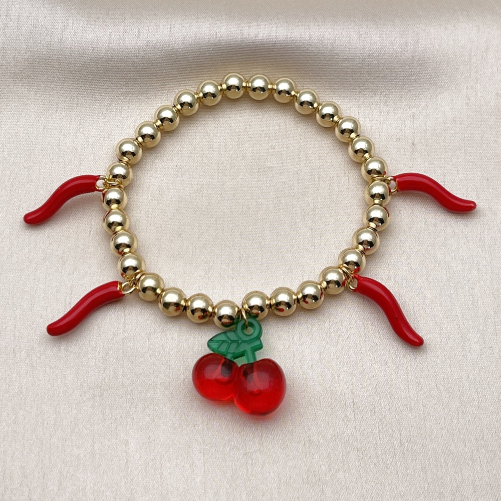 Oro Laminado Fancy Bracelet, Gold Filled Style Cherry and Chili Design, with Garnet Crystal, Red Enamel Finish, Golden Finish