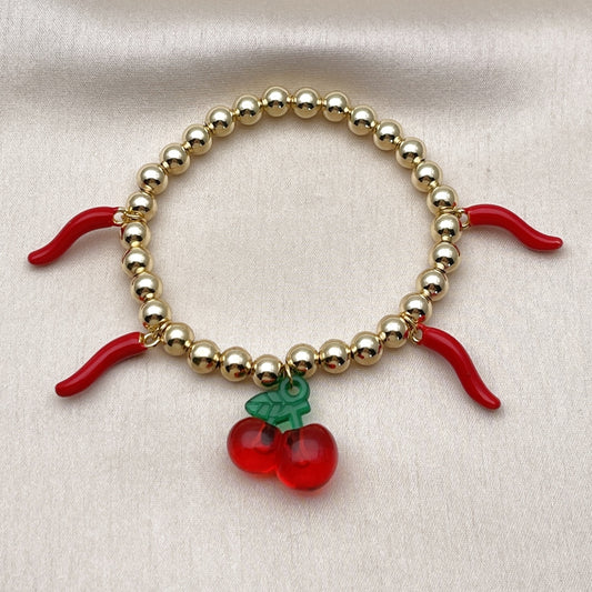 Oro Laminado Fancy Bracelet, Gold Filled Style Cherry and Chili Design, with Garnet Crystal, Red Enamel Finish, Golden Finish