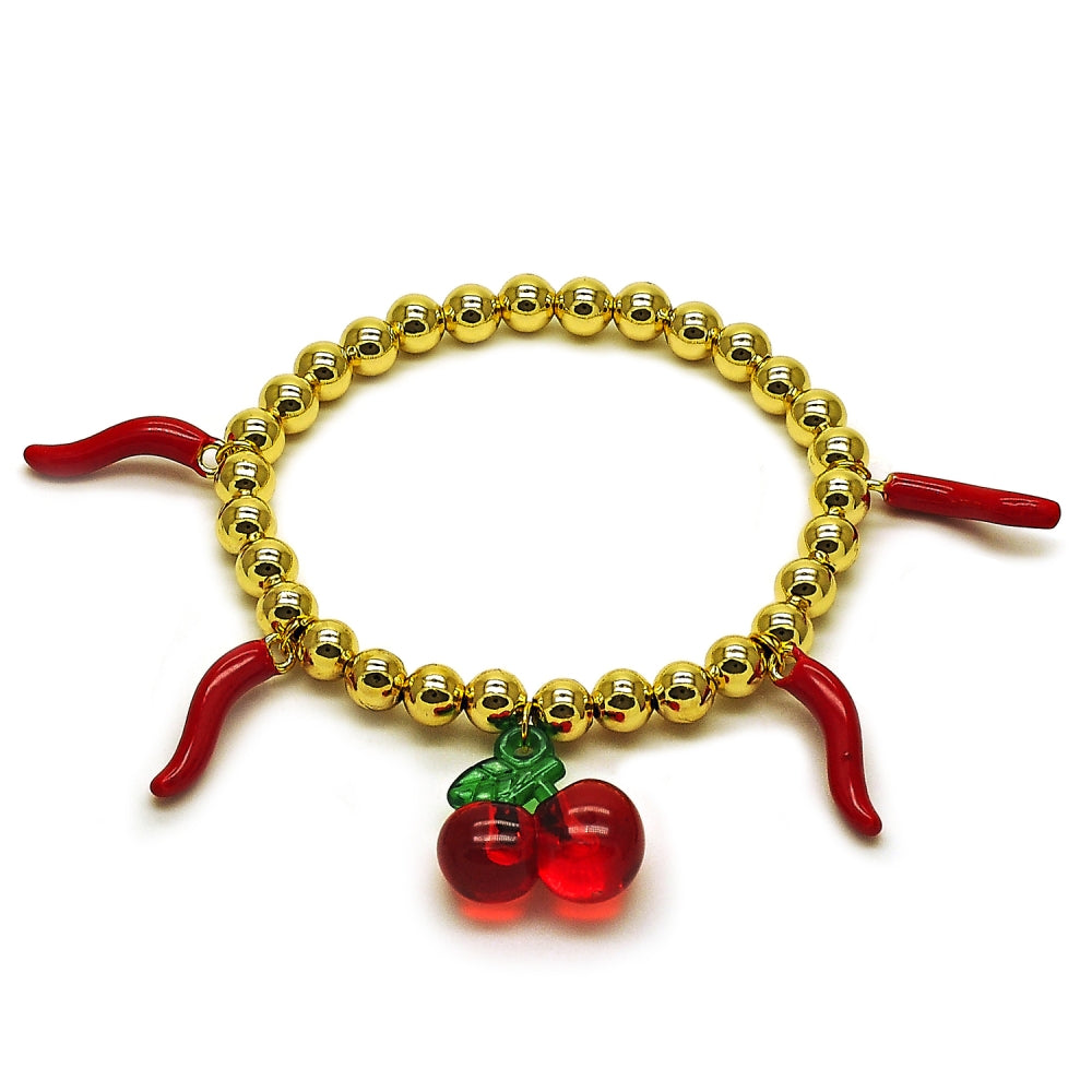 Oro Laminado Fancy Bracelet, Gold Filled Style Cherry and Chili Design, with Garnet Crystal, Red Enamel Finish, Golden Finish