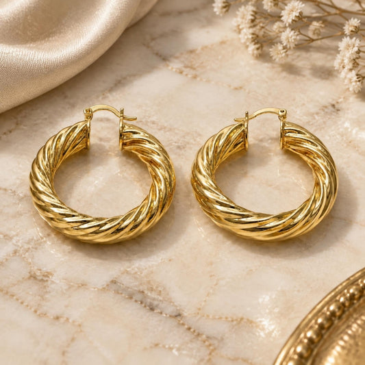 Oro Laminado Medium Hoop, Gold Filled Style Twist and Hollow Design, Polished, Golden Finish