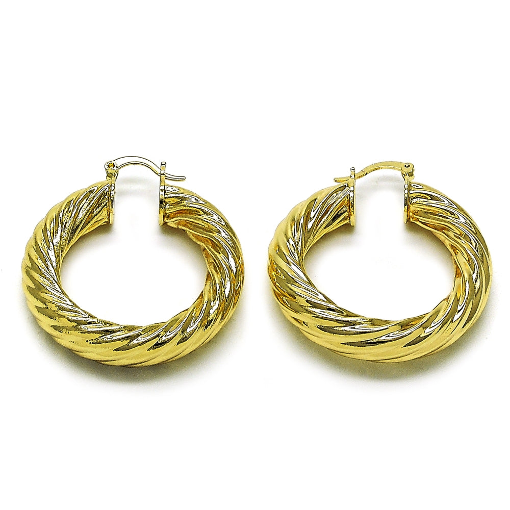 Oro Laminado Medium Hoop, Gold Filled Style Twist and Hollow Design, Polished, Golden Finish