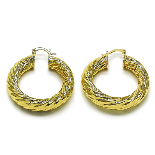 Oro Laminado Medium Hoop, Gold Filled Style Twist and Hollow Design, Polished, Golden Finish