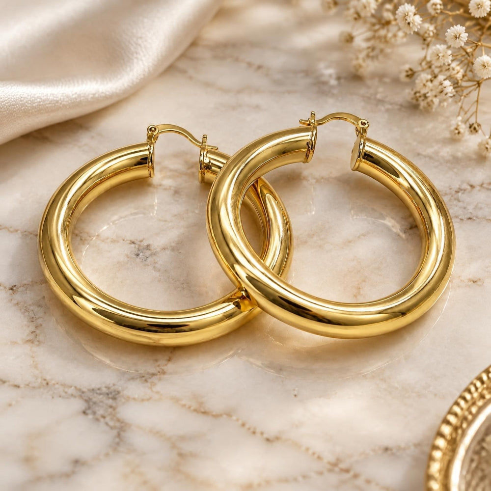 Oro Laminado Large Hoop, Gold Filled Style Hollow Design, Polished, Golden Finish