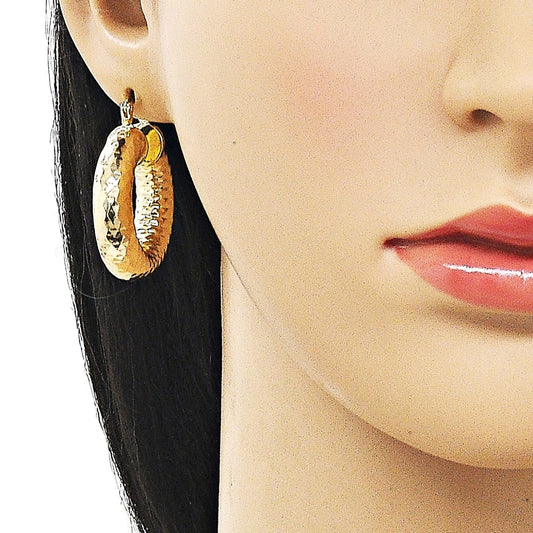 Oro Laminado Medium Hoop, Gold Filled Style Hollow Design, Diamond Cutting Finish, Golden Finish