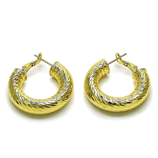 Oro Laminado Medium Hoop, Gold Filled Style Hollow Design, Diamond Cutting Finish, Golden Finish
