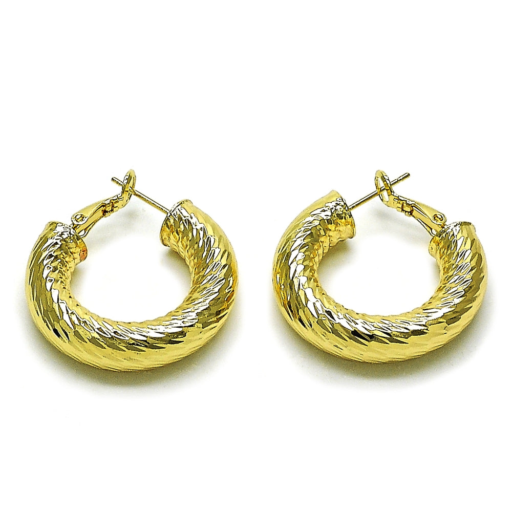 Oro Laminado Medium Hoop, Gold Filled Style Hollow Design, Diamond Cutting Finish, Golden Finish