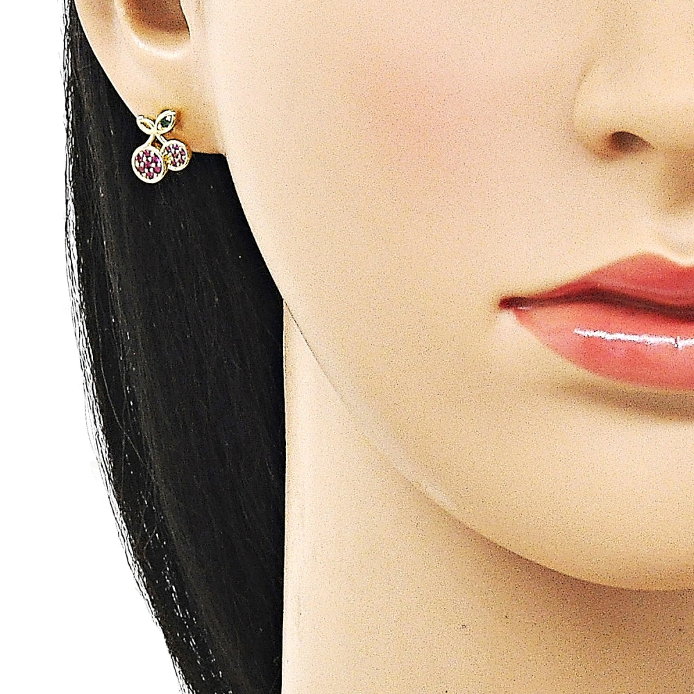 Oro Laminado Stud Earring, Gold Filled Style Cherry Design, with Ruby and Green Micro Pave, Polished, Golden Finish