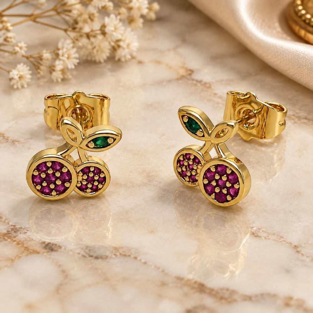 Oro Laminado Stud Earring, Gold Filled Style Cherry Design, with Ruby and Green Micro Pave, Polished, Golden Finish