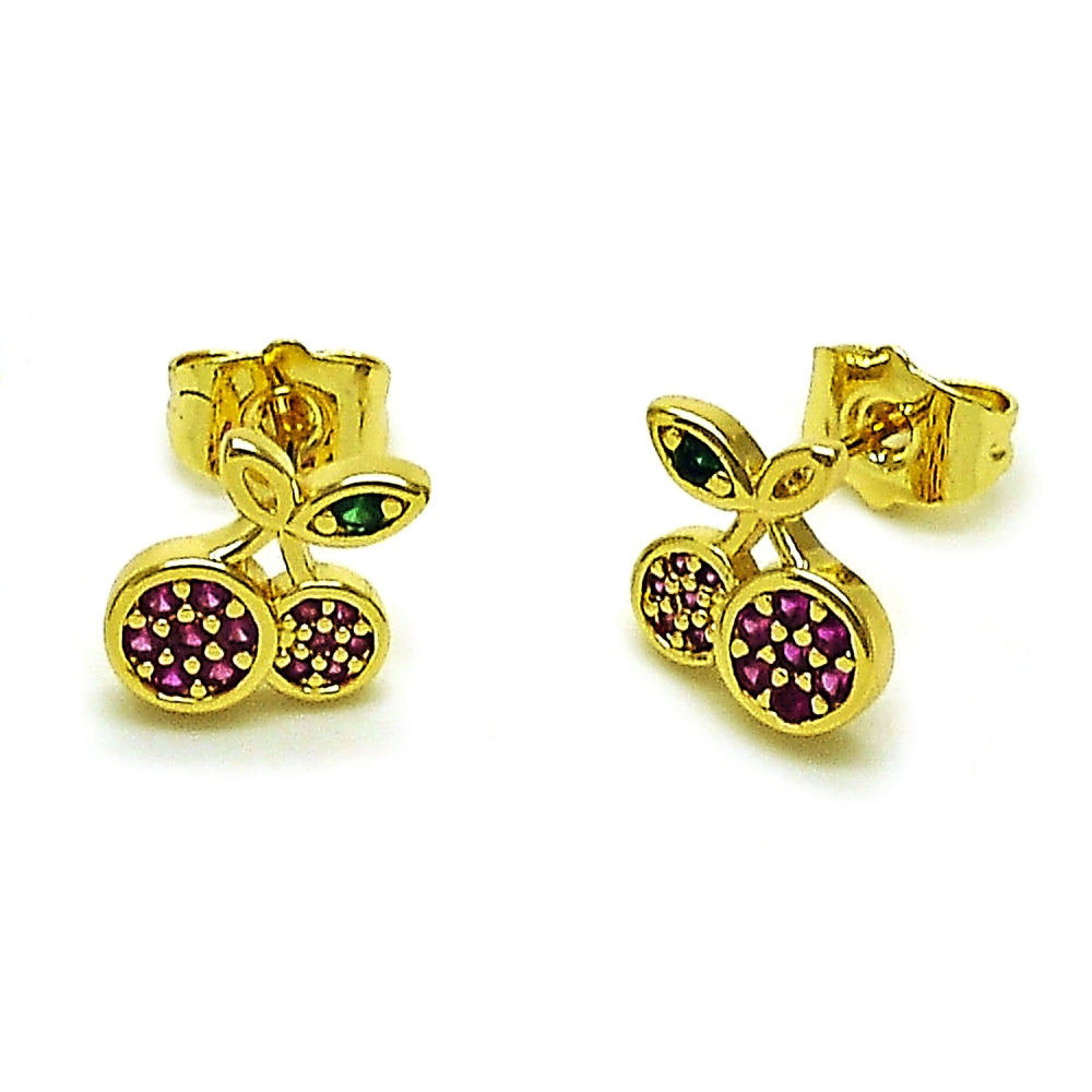 Oro Laminado Stud Earring, Gold Filled Style Cherry Design, with Ruby and Green Micro Pave, Polished, Golden Finish
