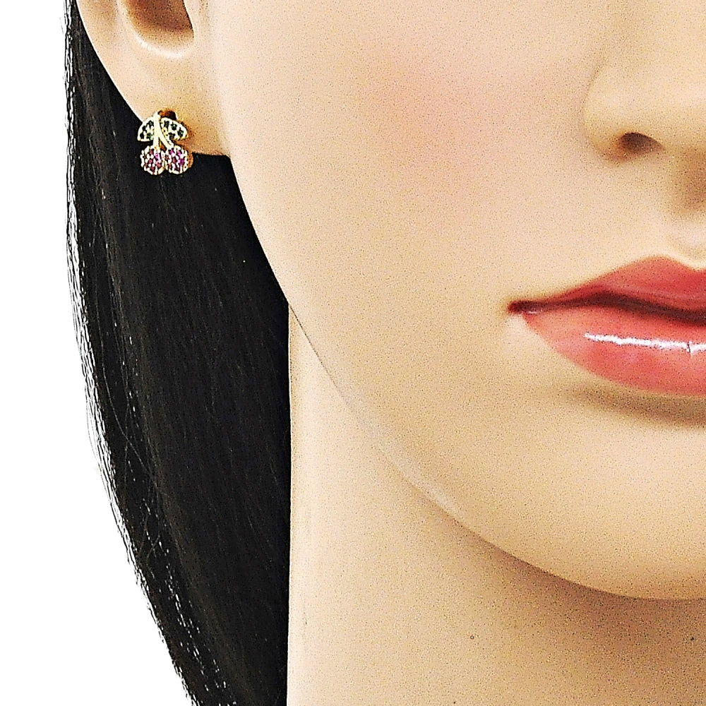 Oro Laminado Stud Earring, Gold Filled Style Cherry Design, with Ruby and Green Micro Pave, Polished, Golden Finish