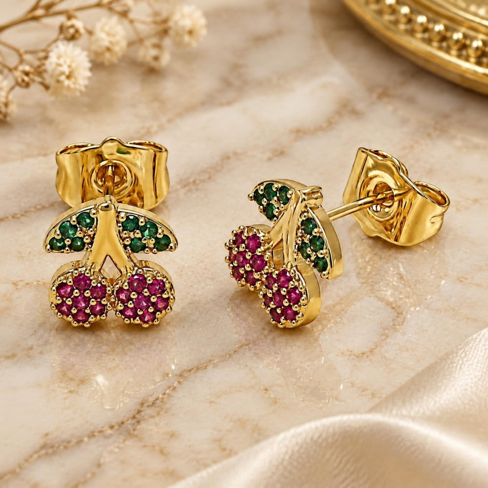 Oro Laminado Stud Earring, Gold Filled Style Cherry Design, with Ruby and Green Micro Pave, Polished, Golden Finish