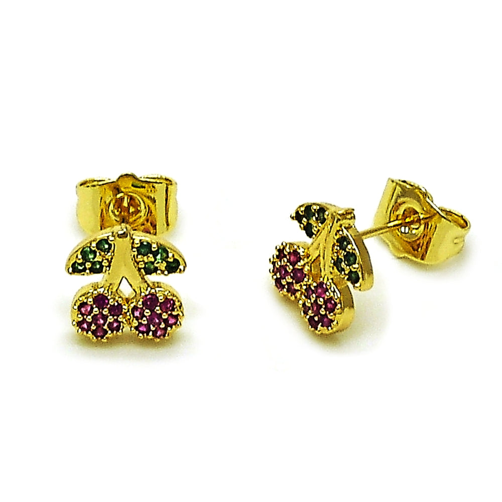 Oro Laminado Stud Earring, Gold Filled Style Cherry Design, with Ruby and Green Micro Pave, Polished, Golden Finish