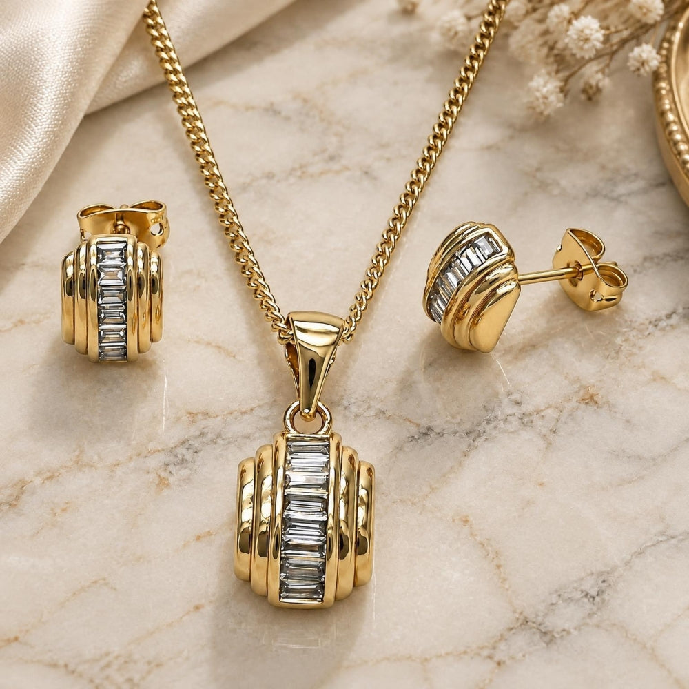 Oro Laminado Earring and Pendant Adult Set, Gold Filled Style Baguette Design, with White Cubic Zirconia, Polished, Golden Finish