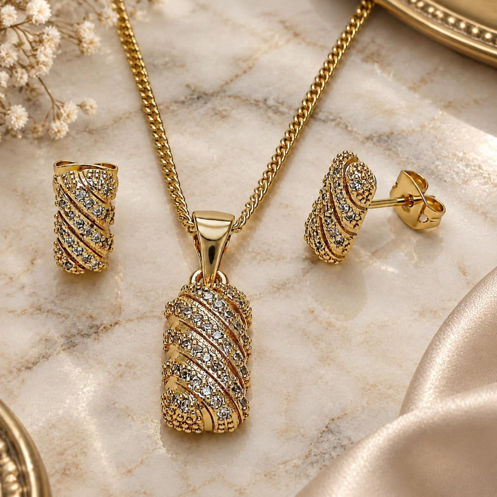 Oro Laminado Earring and Pendant Adult Set, Gold Filled Style with White Cubic Zirconia, Polished, Golden Finish