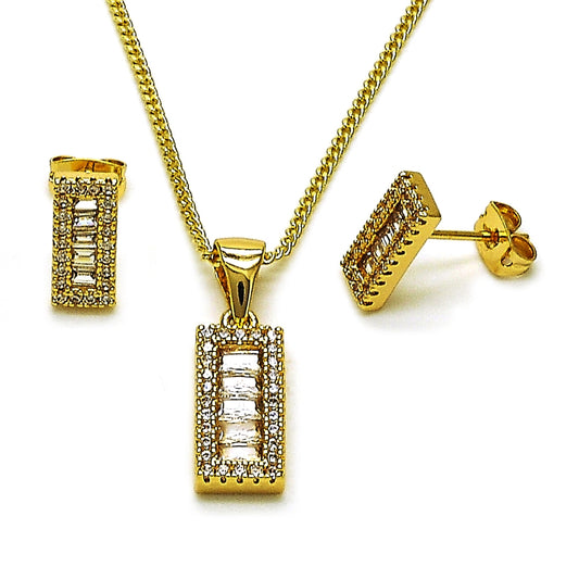 Oro Laminado Earring and Pendant Adult Set, Gold Filled Style Baguette Design, with White Cubic Zirconia and White Micro Pave, Polished, Golden Finish