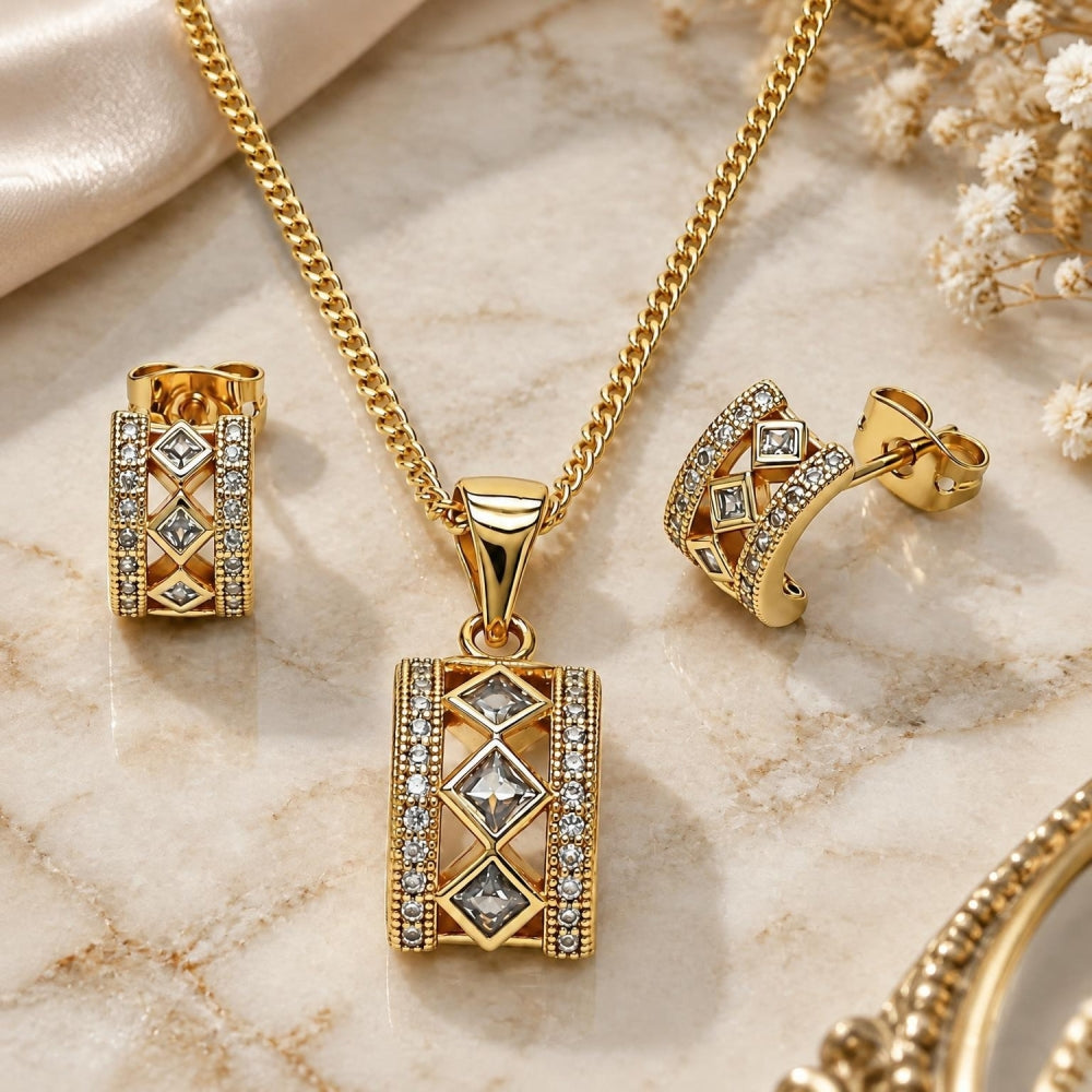 Oro Laminado Earring and Pendant Adult Set, Gold Filled Style Cluster Design, with White Cubic Zirconia and White Micro Pave, Polished, Golden Finish