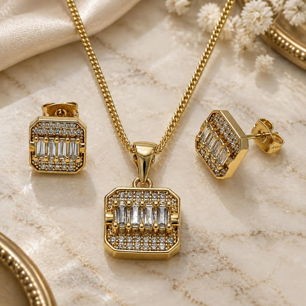 Oro Laminado Earring and Pendant Adult Set, Gold Filled Style Baguette Design, with White Cubic Zirconia, Polished, Golden Finish
