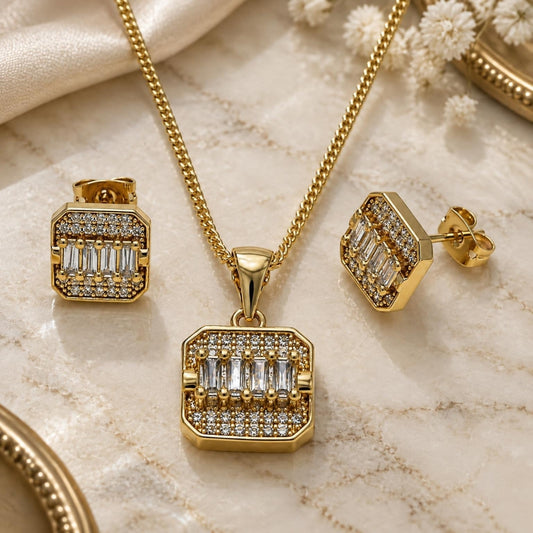 Oro Laminado Earring and Pendant Adult Set, Gold Filled Style Baguette Design, with White Cubic Zirconia, Polished, Golden Finish