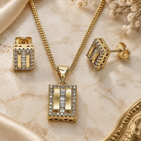 Oro Laminado Earring and Pendant Adult Set, Gold Filled Style Baguette Design, with White Cubic Zirconia and White Micro Pave, Polished, Golden Finish