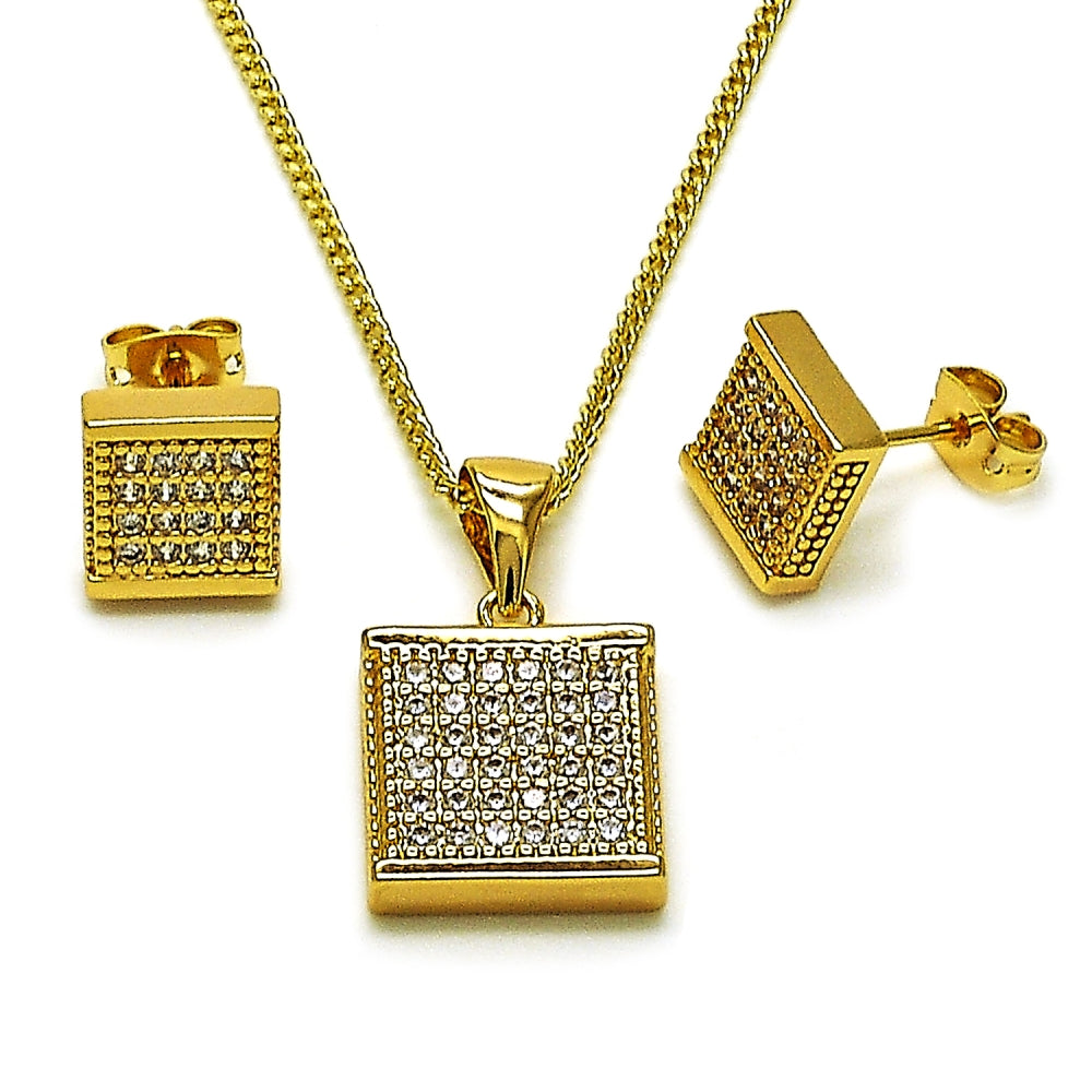 Oro Laminado Earring and Pendant Adult Set, Gold Filled Style with White Cubic Zirconia, Polished, Golden Finish