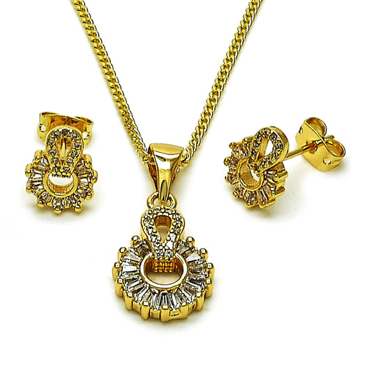 Oro Laminado Earring and Pendant Adult Set, Gold Filled Style Baguette Design, with White Cubic Zirconia and White Micro Pave, Polished, Golden Finish