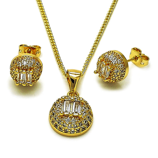 Oro Laminado Earring and Pendant Adult Set, Gold Filled Style Ball and Baguette Design, with White Cubic Zirconia and White Micro Pave, Polished, Golden Finish