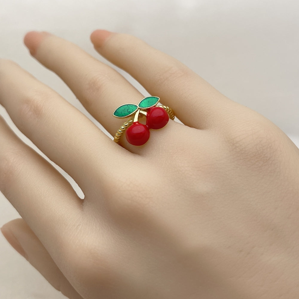 Oro Laminado Elegant Ring, Gold Filled Style Cherry Design, Red Enamel Finish, Golden Finish
