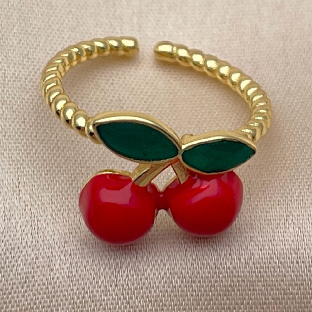 Oro Laminado Elegant Ring, Gold Filled Style Cherry Design, Red Enamel Finish, Golden Finish